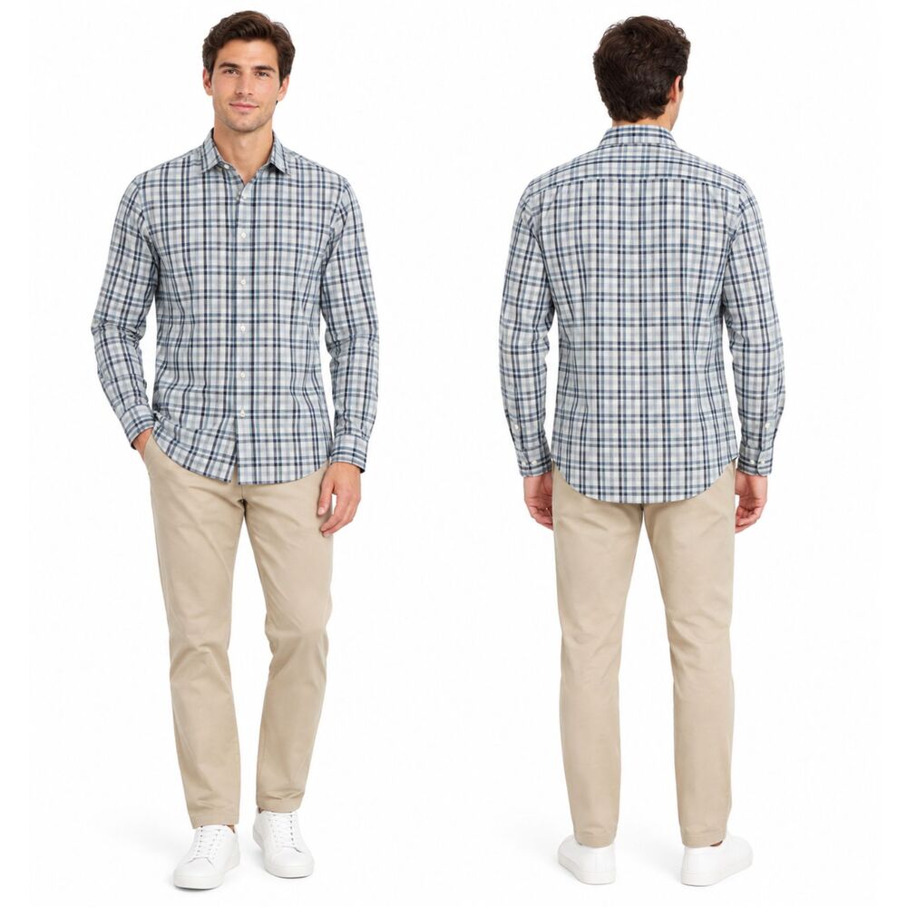 Banana Republic Men's Blue Plaid Stretch Casual Button-Down Shirt L